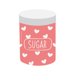 Cute hand drawn sugar jar. Pink cane for baking ingredient. Doodle illustration icon. Kitchen clutter