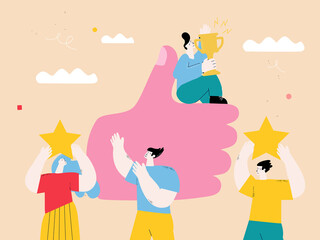 Review rating and positive feedback, customer reviews, customer satisfaction, recommendations flat vector illustration. People give positive rating and feedback. Customer choice concept