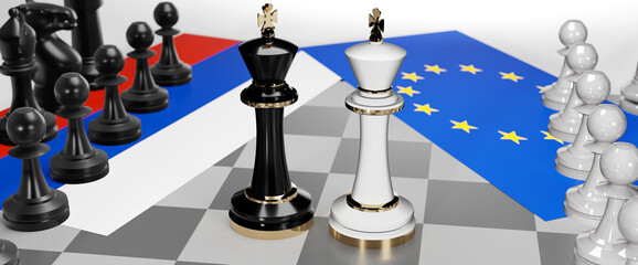 Russia and EU Europe conflict, clash, crisis and debate between those two countries that aims at a trade deal and dominance symbolized by a chess game with national flags, 3d illustration