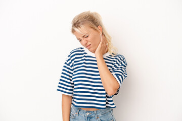 Young Russian woman isolated on white background having a neck pain due to stress, massaging and touching it with hand.