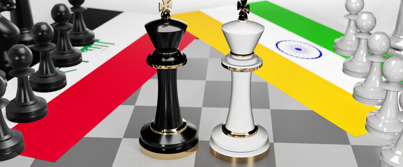 Iraq and India conflict, clash, crisis and debate between those two countries that aims at a trade deal and dominance symbolized by a chess game with national flags, 3d illustration