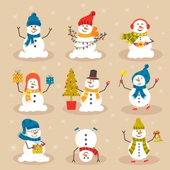 Cheerful christmas snowmen with different presents. Funny snow man wearing hat, scarf with tree. Festive happy xmas holiday cute characters, flat vector cartoon set