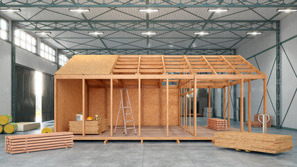 Workshop assembly of modular buildings. 3d rendering - obrazy, fototapety, plakaty