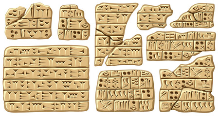 Akkadian cuneiform, assyrian and sumerian writing. Set old scripts alphabet babylon in mesopotamia carved on clay or stone. Language of ancient civilization middle east.