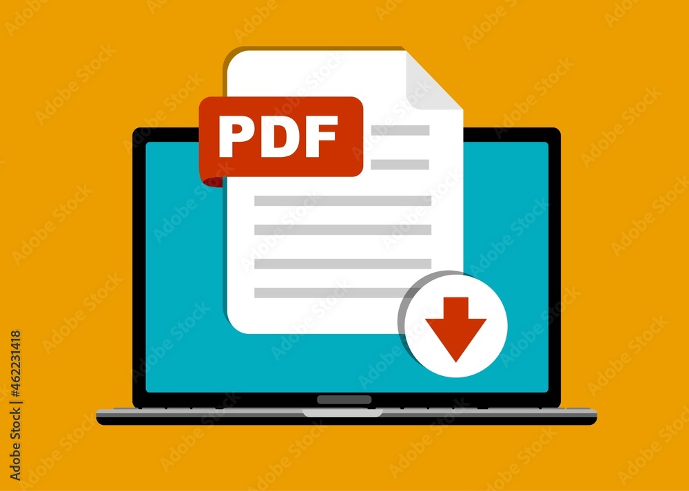 Aufkleber download pdf button on laptop screen. downloading document concept. file with pdf label and down arr