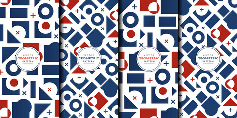 Obraz premium Abstract geometric pattern combination set. Vector circle, triangle, square lines color art wallpaper. Brochure template red blue collection for fabric patterns and wrapping paper.