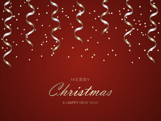 Merry christmas and Happy new year red luxury vector background with golden confetti for holiday banner flyers, greetings and invitations. Vector illustration EPS10.