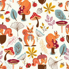Autumn Cute Squirrel Character with Botanicals Vector Seamless Pattern 