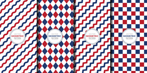 Abstract geometric pattern with red and blue combination set. Horizontal zigzag stripes, argyle, checkered, wave line, brochure cover template background
