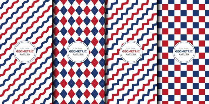 Abstract geometric pattern with red and blue combination set. Horizontal zigzag stripes, argyle, checkered, wave line, brochure cover template background