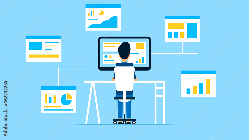 Wall mural computer work. business data analyst. office worker. remote work. flat style. vector illustration