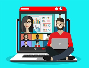 Young man is participating in an online conference.Conference video call. Online communication. Working from home. Remote project management, online education, online lessons.