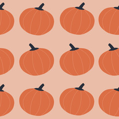 Abstract orange pumpkins hand drawn vector illustration. Seasonal vegetables harvest on a pink background. Colorful Halloween print. Autumn seamless pattern.