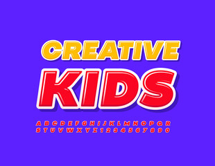 Fototapeta premium Vector colorful Sign Creative Kids. Red Glossy Font. Artistic bright Alphabet Letters and Numbers. 