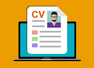 Applying for job, giving CV, job competition out from laptop. Human resources, online job application, job interview vector concept