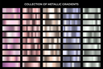Metallic gradient big set. Shiny metal texture gradation background collection. Elegant, shiny and bright pastel color vector gradient background. Big collection of metal gradation background. - obrazy, fototapety, plakaty