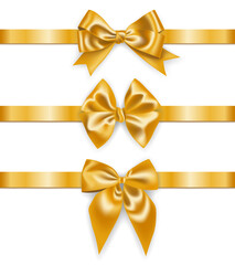 Set of realistic golden ribbons with bows, decoration for gift boxes, design element