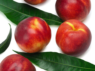 Nectarines with leaves on a white background