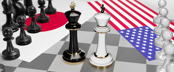 Japan and USA conflict, clash, crisis and debate between those two countries that aims at a trade deal and dominance symbolized by a chess game with national flags, 3d illustration