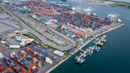 tugboat parking and container shipping port background aerial view