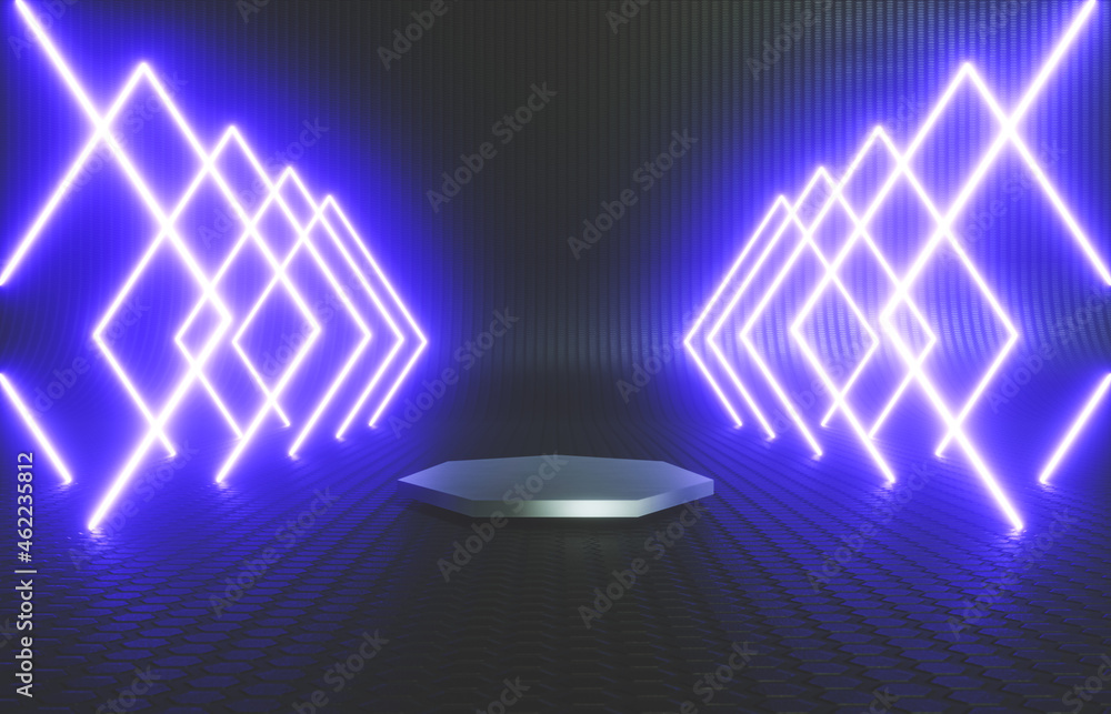 Poster black stage with product stand and neon light. abstract futuristic technology background. 3d renderi