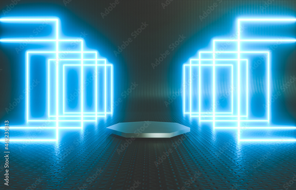 Poster Black stage with product stand and neon light. Abstract futuristic technology background. 3d rendering.