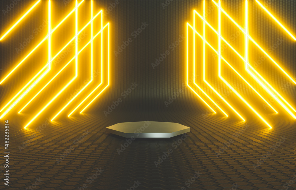 Poster black stage with product stand and neon light. abstract futuristic technology background. 3d renderi