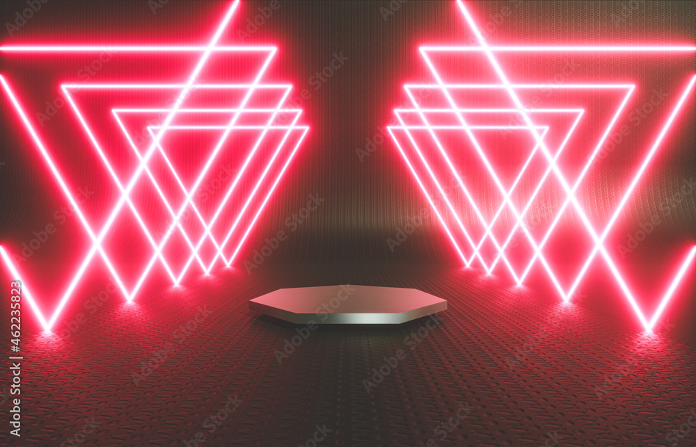 Poster black stage with product stand and neon light. abstract futuristic technology background. 3d renderi
