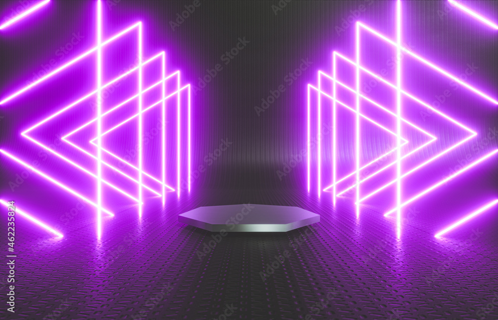 Poster Black stage with product stand and neon light. Abstract futuristic technology background. 3d rendering.