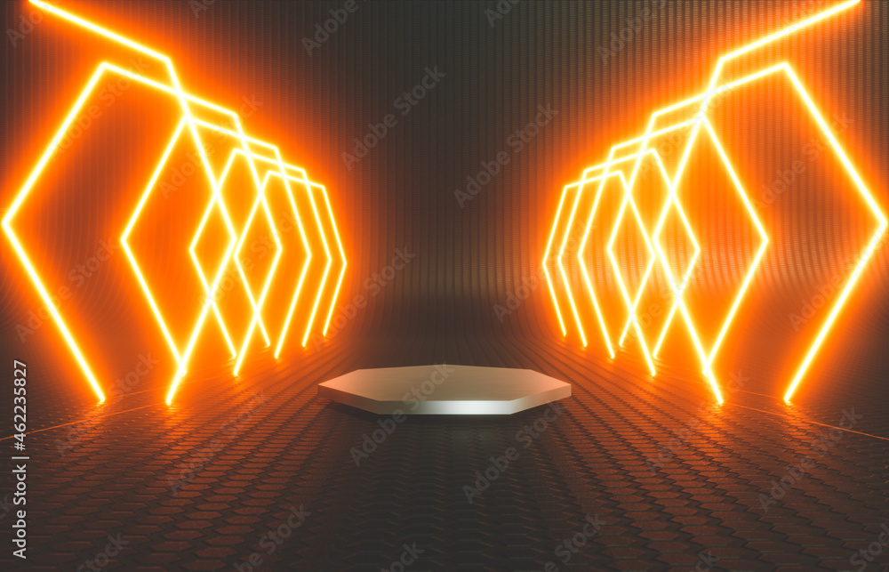 Aufkleber black stage with product stand and neon light. abstract futuristic technology background. 3d renderi