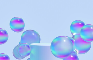 Fashion beauty backdrop with product stand and glossy water bubbles. 3d rendering.
