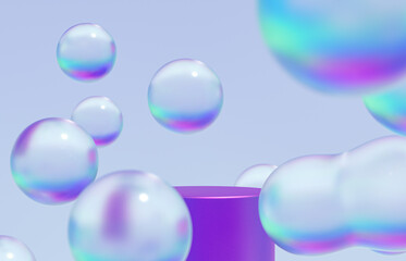 Fashion beauty backdrop with product stand and glossy water bubbles. 3d rendering.