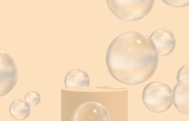 Fashion beauty backdrop with product stand and glossy water bubbles. 3d rendering.