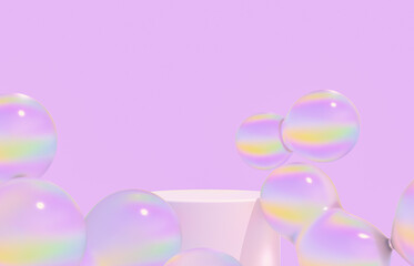 Fashion beauty backdrop with product stand and glossy water bubbles. 3d rendering.