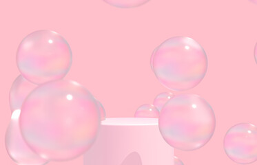 Fashion beauty backdrop with product stand and glossy water bubbles. 3d rendering.