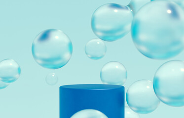 Fashion beauty backdrop with product stand and glossy water bubbles. 3d rendering.
