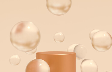 Fashion beauty backdrop with product stand and glossy water bubbles. 3d rendering.