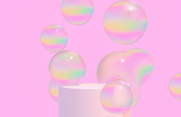 Fashion beauty backdrop with product stand and glossy water bubbles. 3d rendering.