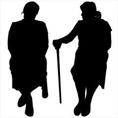Black female silhouettes isolated on white background. Two women sit and communicate, discuss. Front view. An older woman sits with a cane in her hand. Woman sits and looks ahead. Woman's friendship.