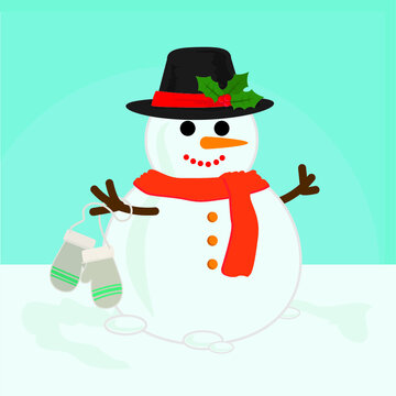 Smile cartoon snowman on the mountain with hat and scarf