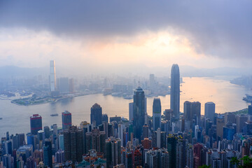 city view in hong kong at Victoria peak on sunrise day