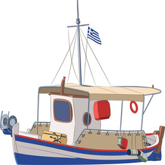 Corfu. Multicolored fishing boat with the Greek flag. - obrazy, fototapety, plakaty
