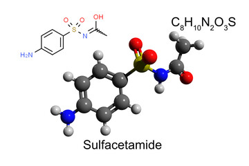 Chemical formula, structural formula and 3D ball-and-stick model of a bacteriostatic sulfacetamide, white background	