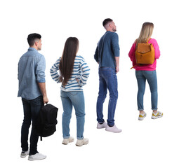 People waiting in queue on white background, back view