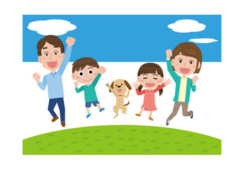 屋外でジャンプする親子ファミリー