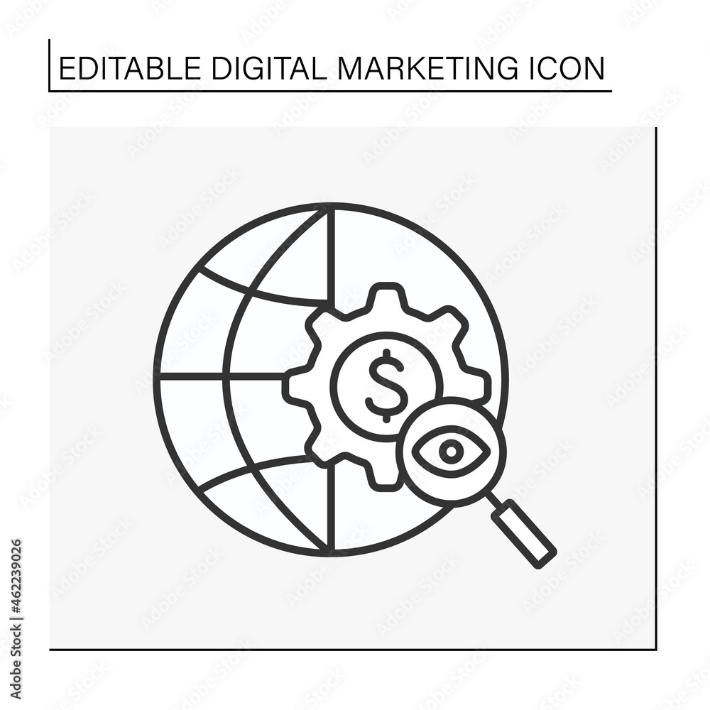 Poster global searching line icon. digital strategy. increase visibility of websites in search engine resul