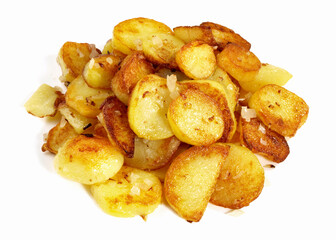 Classic Roasted Potatoes with Bacon and Onions on white Background - Isolated