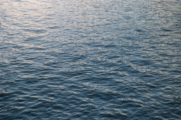 Calm ripple on water surface. River, lake, pond, sea pure blue water. Warm evening light on the water surface.
