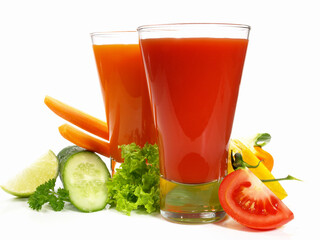 Tomato and Carrot Juice on white Background - Isolated