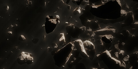 Asteroid field Close view in deep space panoramic With Abstract Light Rays